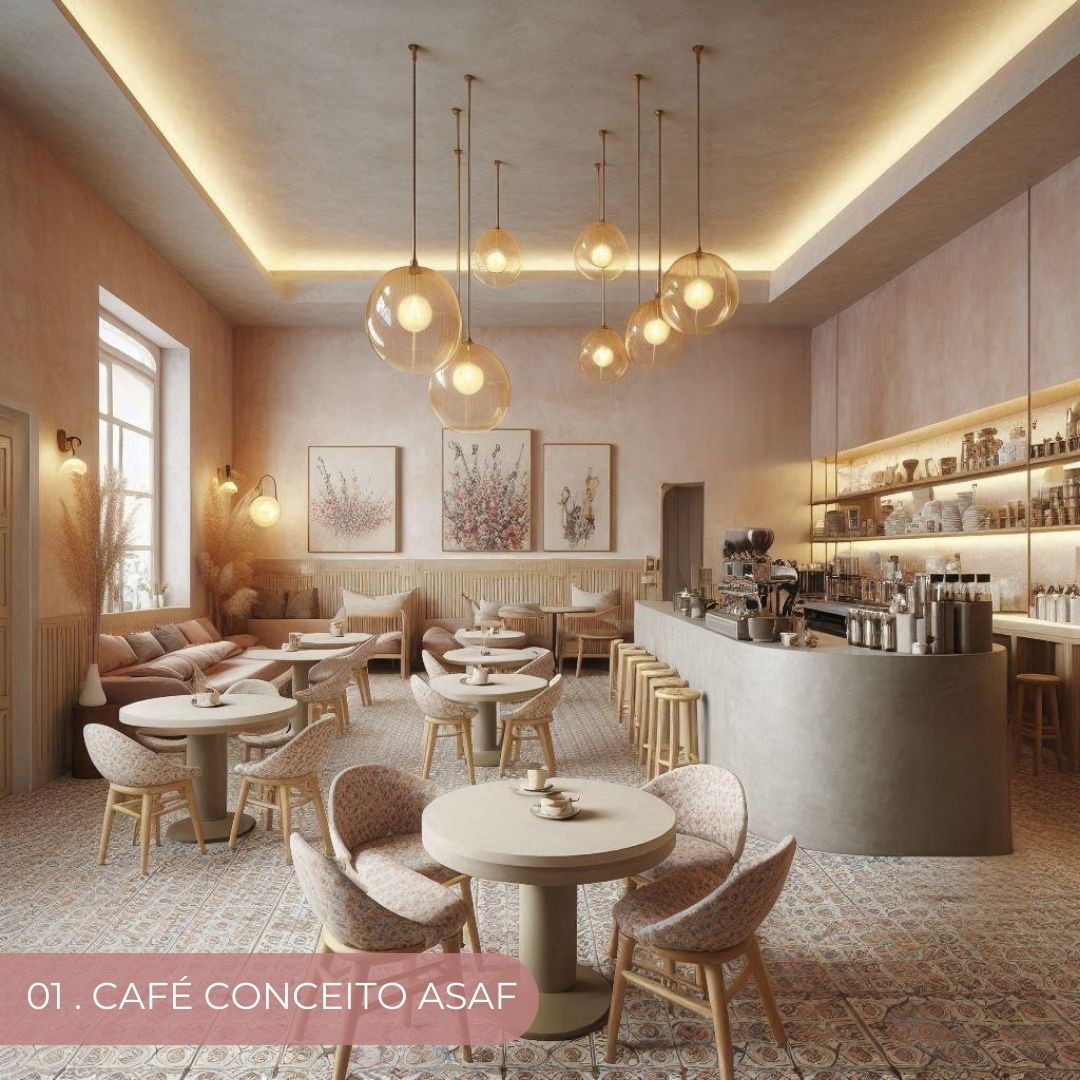 Render de conceito de café, paleta verde e rosa, projeto ASAF Arquitetura