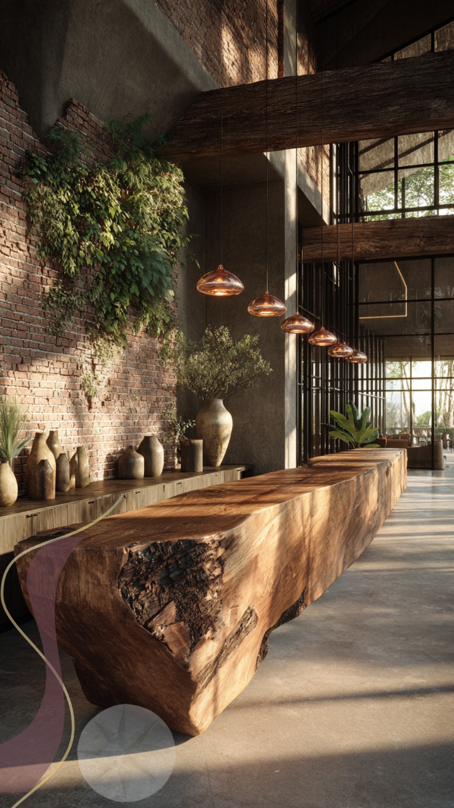 Interior com banco de madeira maciça, tijolo aparente e vegetação, projeto ASAF Arquitetura