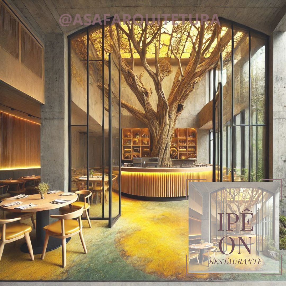 Render do restaurante IPÊ ON, projeto ASAF Arquitetura, com árvore central integrada ao ambiente