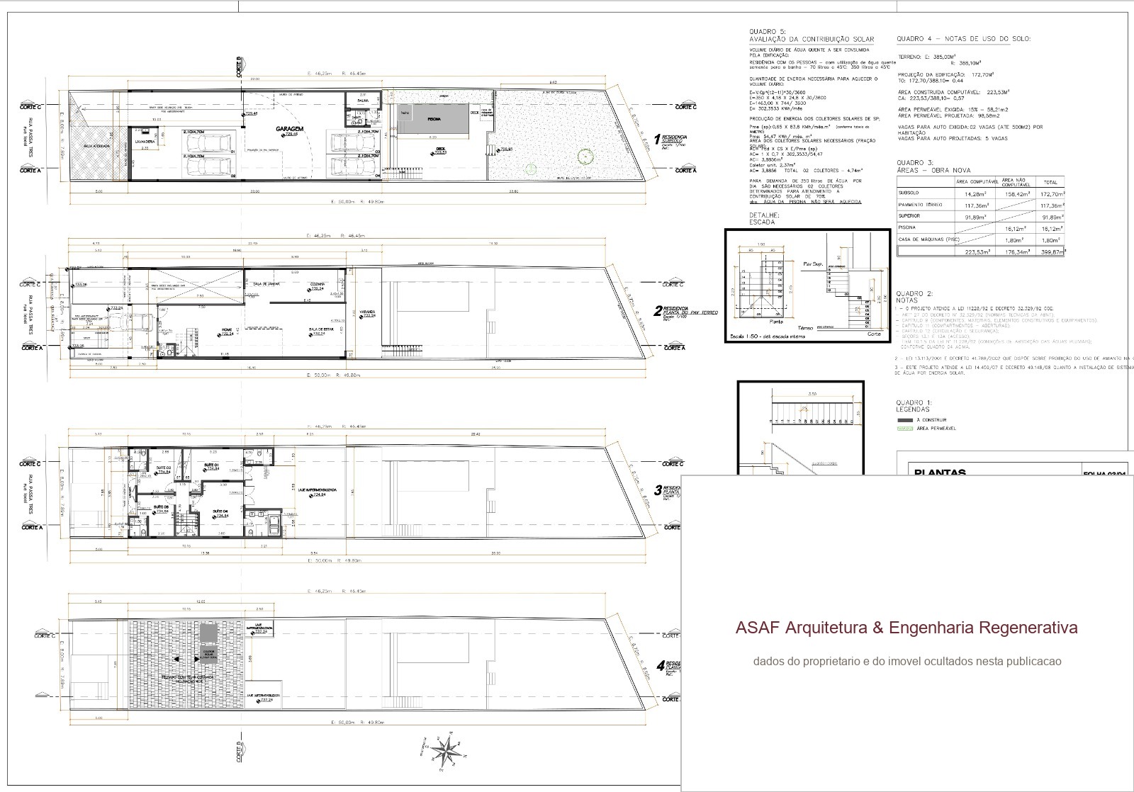 Prancha técnica de plantas de residência unifamiliar, projeto ASAF Arquitetura, folha 02 de 04